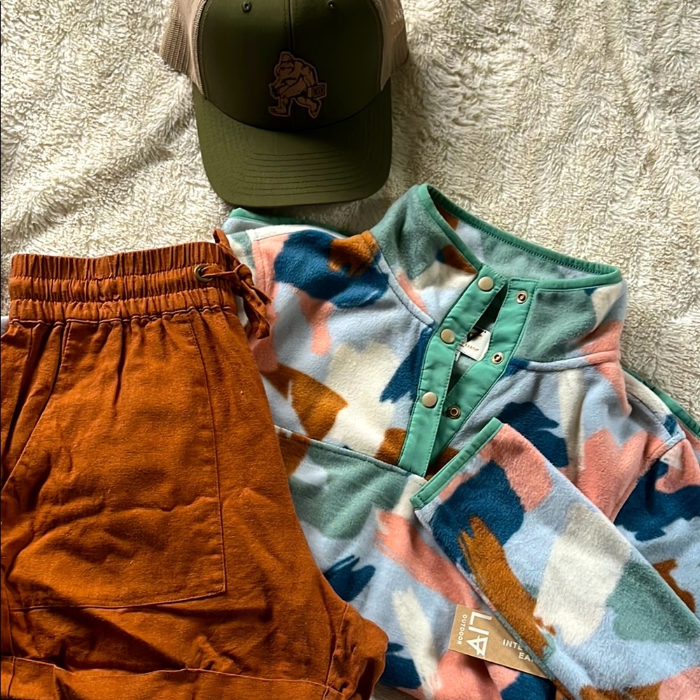 Colorful Fleece Pullover and Orange Shorts Set with Sasquatch baseball hat!